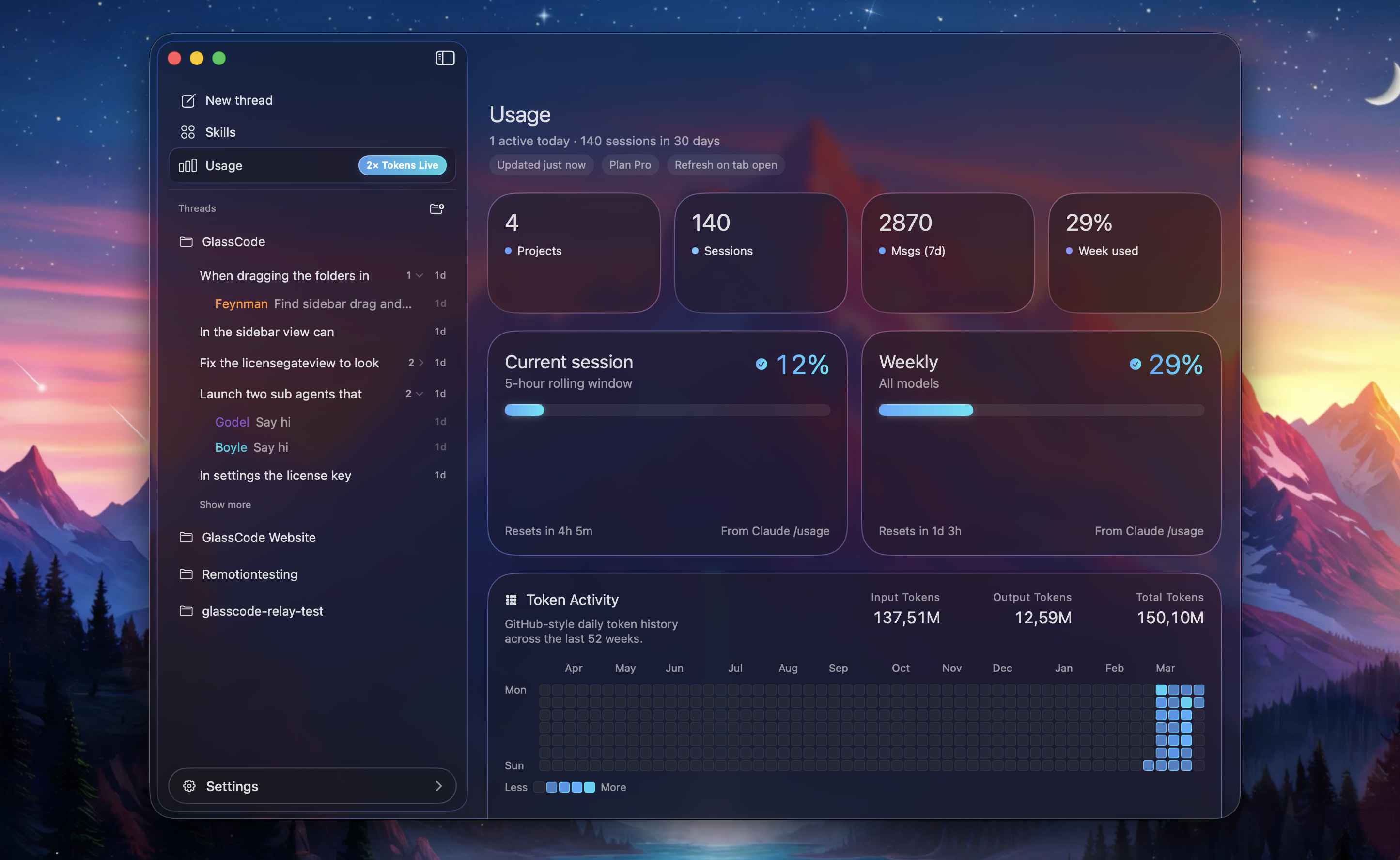GlassCode usage statistics screenshot