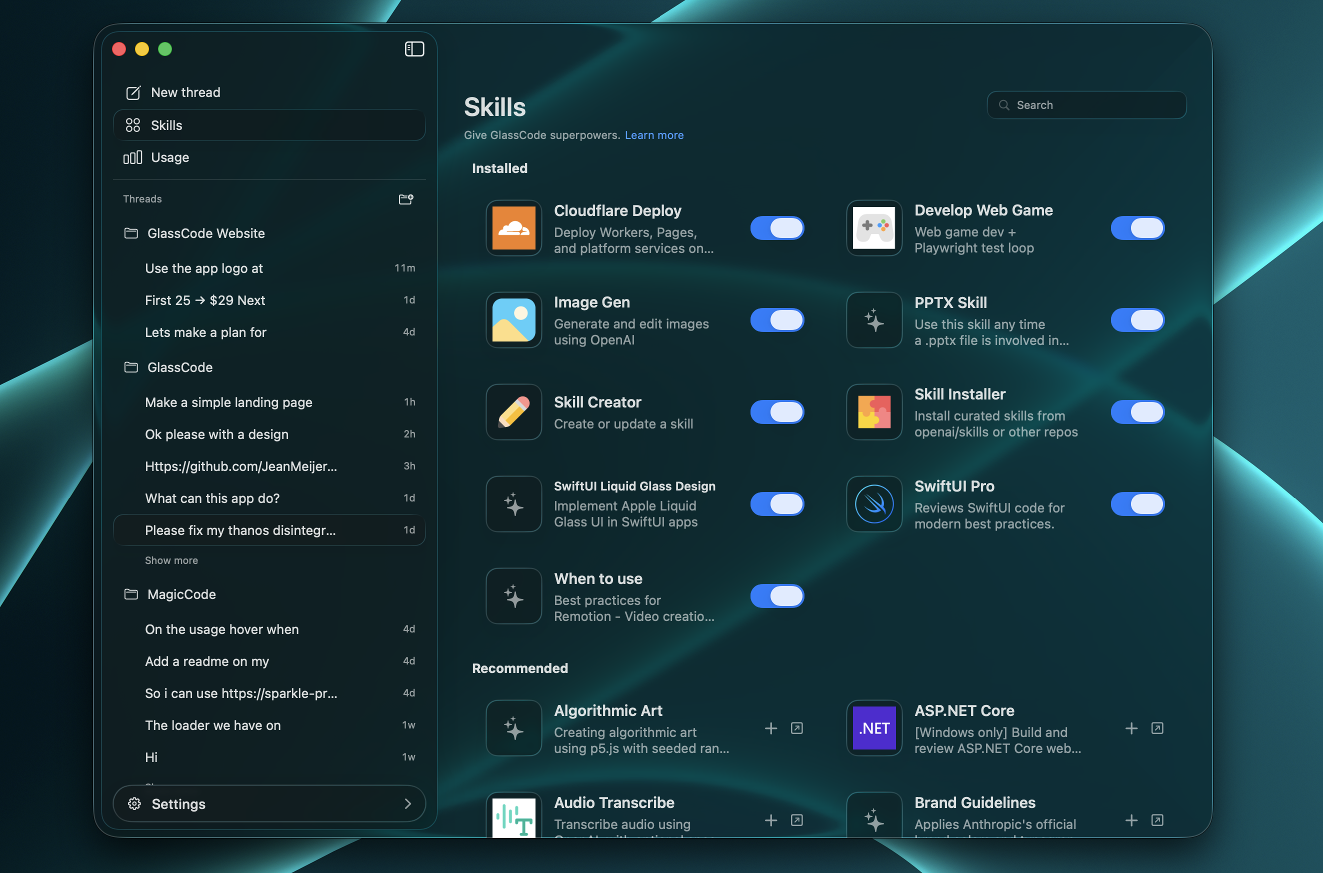 GlassCode Claude Code skills screenshot