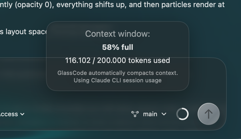 GlassCode context window usage screenshot