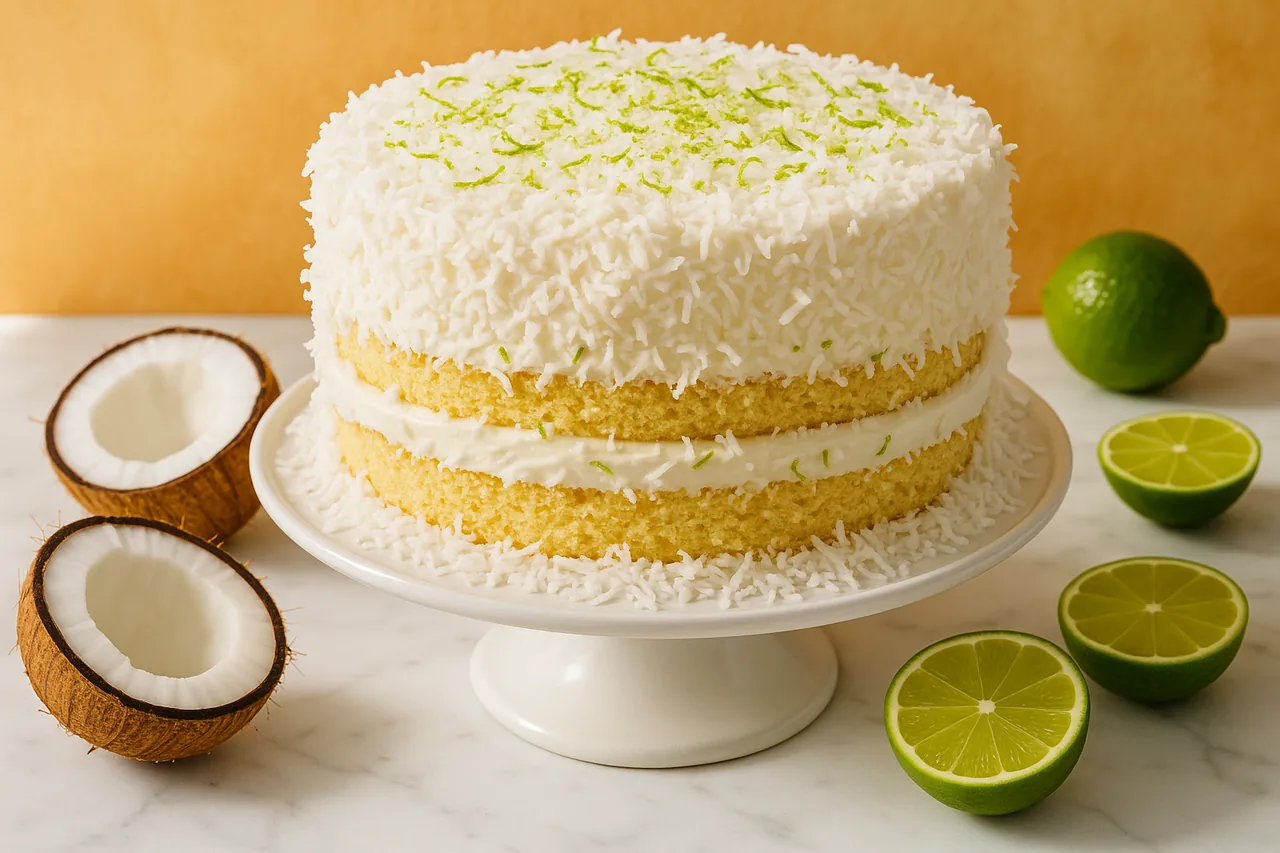 A tall coconut-lime layer cake, decorated with coconut flakes and lime zest, on a white cake plate.