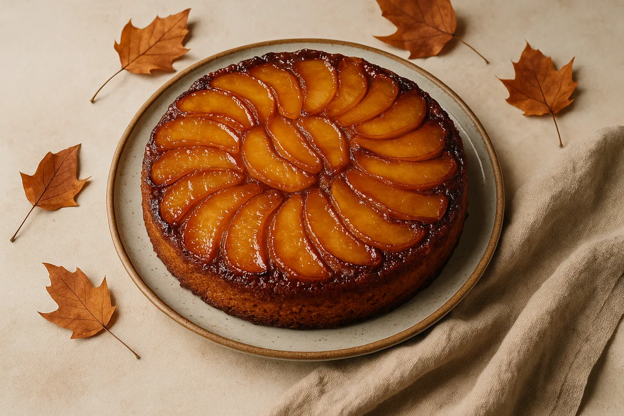 Golden brown apple upside down cake, shiny caramelized apple slices on top, on a rustic plate.