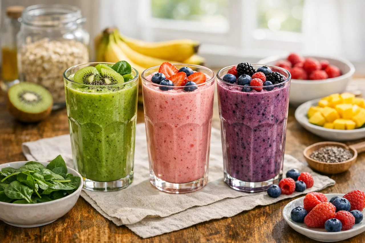 Colorful breakfast smoothies in glasses on a set breakfast table, garnished with fresh fruit.