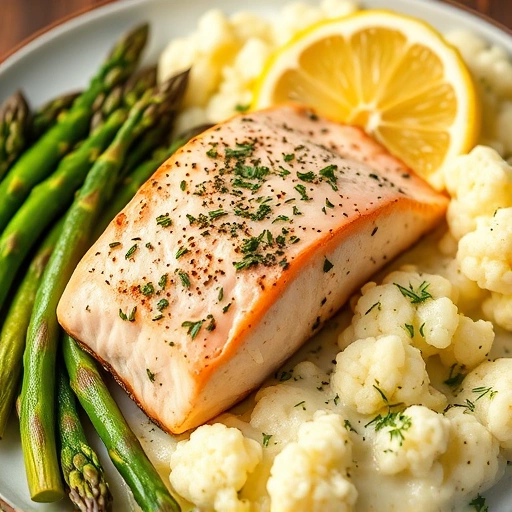 Lemon Herb Baked Salmon with Roasted Asparagus and Cauliflower Mash