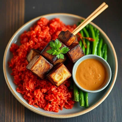 Sate Tempe Bumbu Kacang Lilit dengan Nasi Merah dan Tumis Kangkung