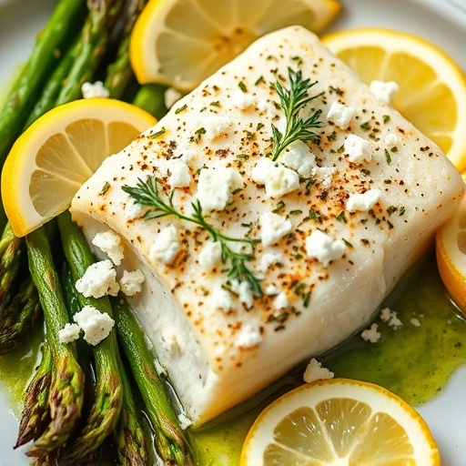 Lemon Herb Baked Cod with Roasted Asparagus and Feta