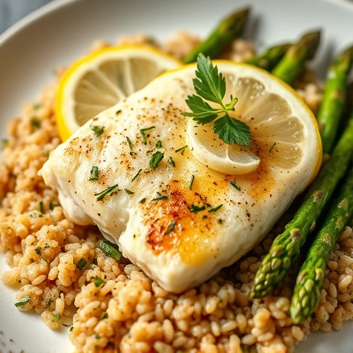 Lemon Herb Baked Cod with Roasted Asparagus and Quinoa Pilaf