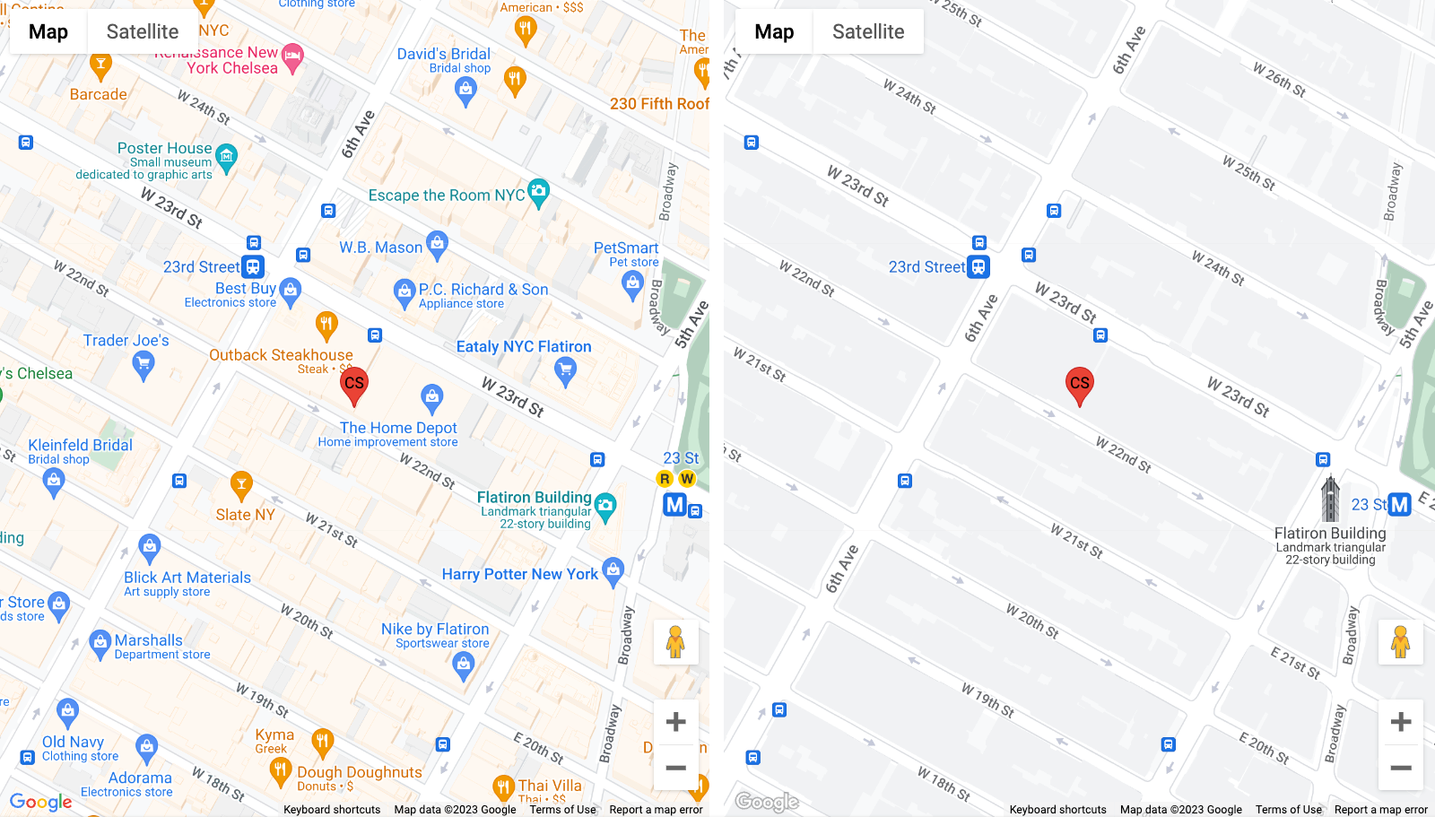 Left: the default Google map.
Right: a retail-optimized Google Map, explained in more detail in the next chapter, Styles & Themes.