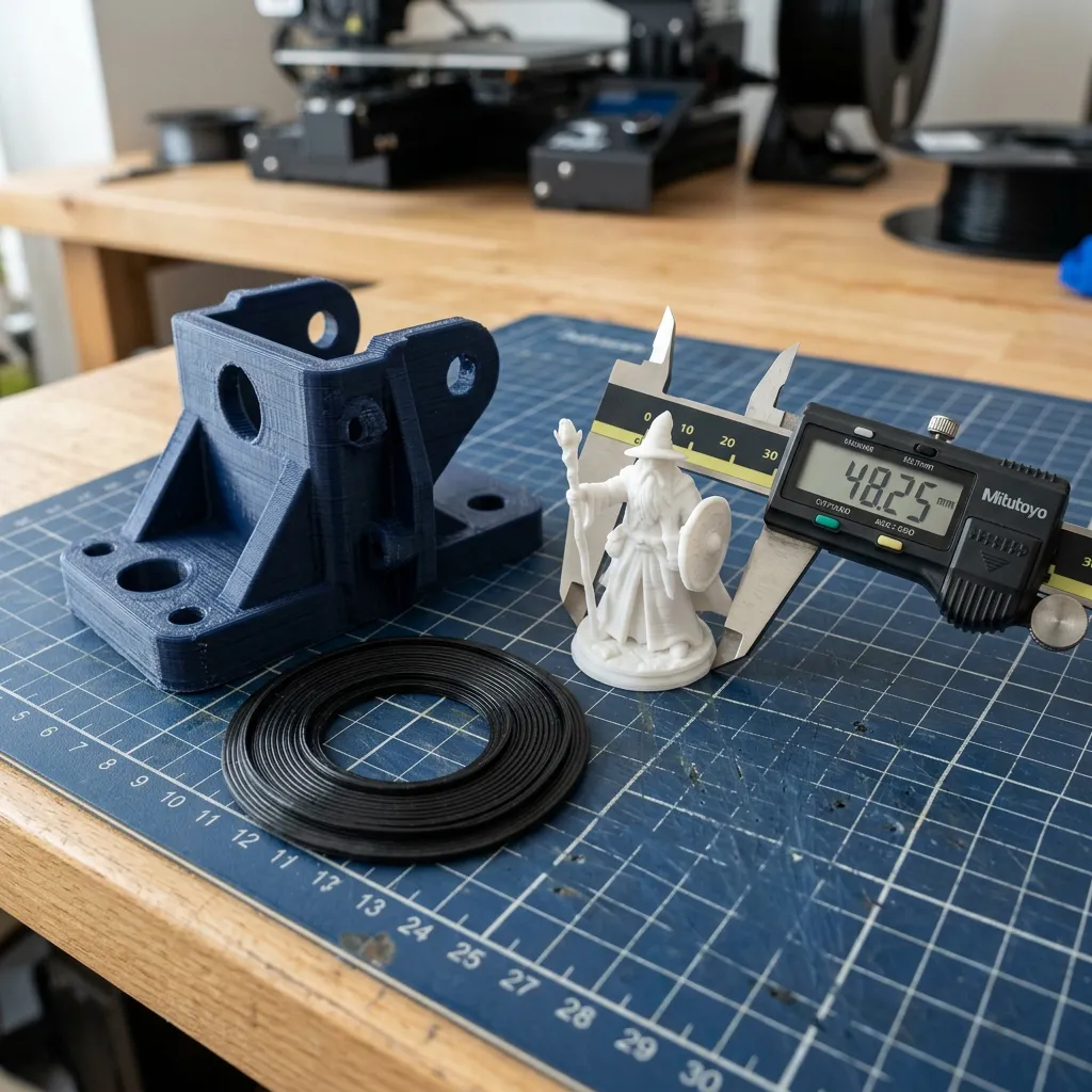 So sánh các sản phẩm in 3D: Bracket cơ khí PETG, Tượng nghệ thuật PLA và Gioăng đệm TPU