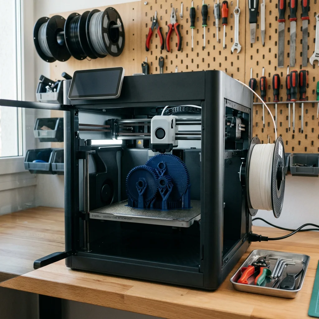 Cuộn nhựa PLA và máy in 3D FDM đang in mô hình bánh răng kỹ thuật tại GN3D Studio