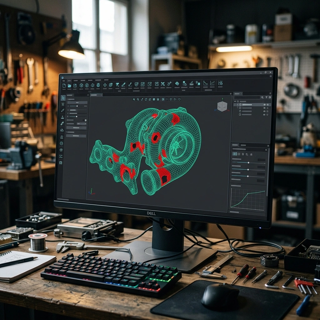 Giao diện phần mềm sửa lỗi lưới mesh 3D với cảnh báo đỏ non-manifold hở lưới và quá trình sửa mịn lại