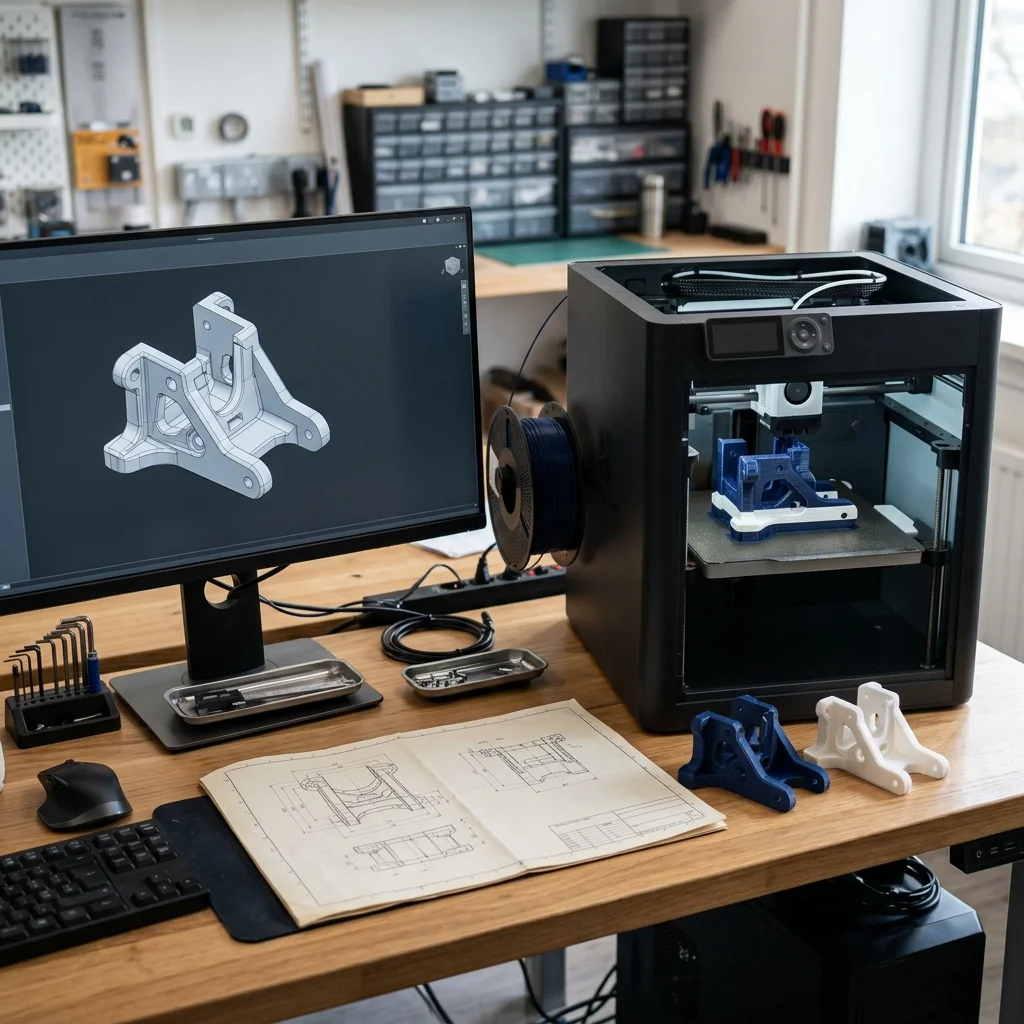 Các định dạng file in 3D phổ biến STL, OBJ, STEP, 3MF hiển thị trên máy tính đặt cạnh máy in 3D đang hoạt động