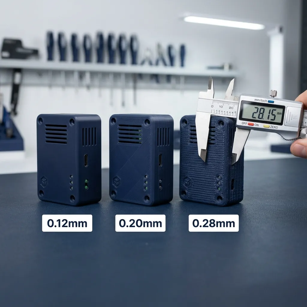 So sánh độ mịn bề mặt ba mẫu vỏ hộp IoT in 3D với ba mức chiều cao lớp in 0.12mm, 0.20mm và 0.28mm
