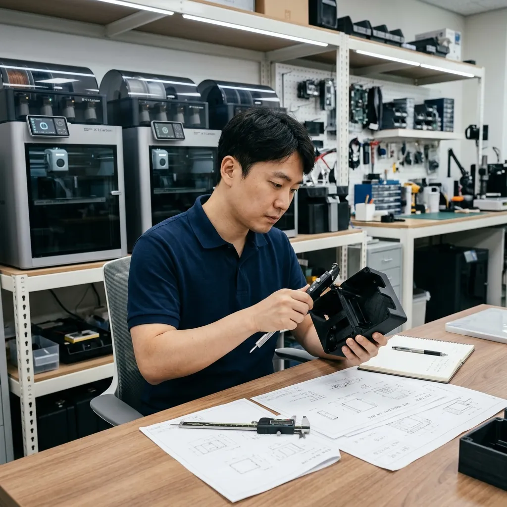 Kỹ sư GN3D kiểm tra dung sai khớp nối lô vỏ hộp nhựa ABS của thiết bị IoT vừa in xong