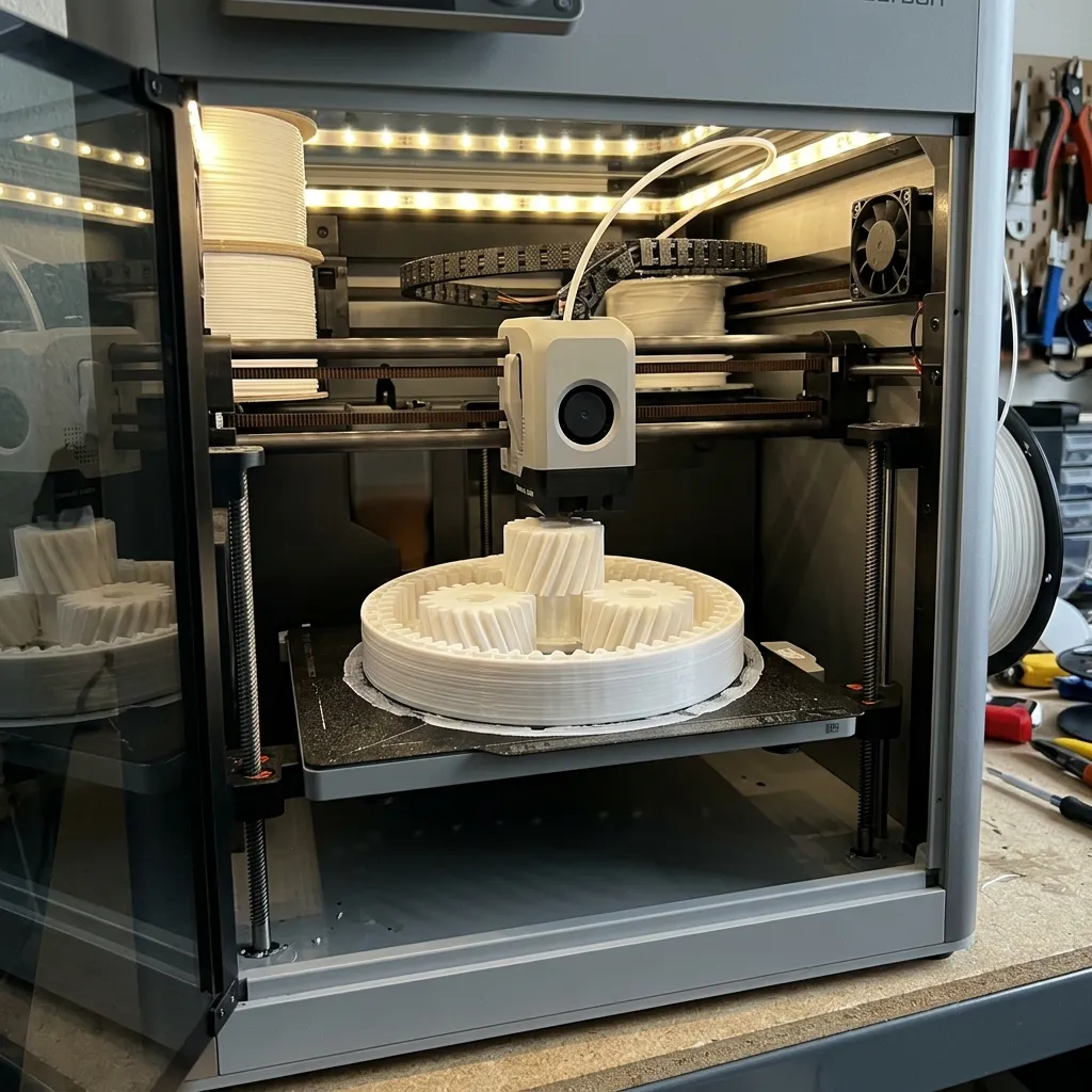 Máy in 3D FDM CoreXY tốc độ cao đang hoạt động in chi tiết bánh răng kỹ thuật tại GN3D Studio