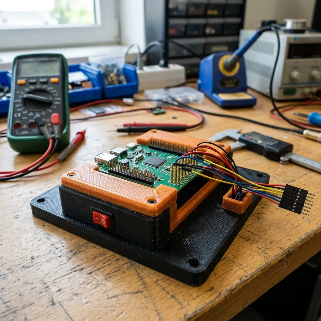 Bộ đồ gá kiểm thử bảng mạch PCB điện tử jig test in 3D bằng nhựa FDM màu đen và cam đặt trên bàn kỹ thuật