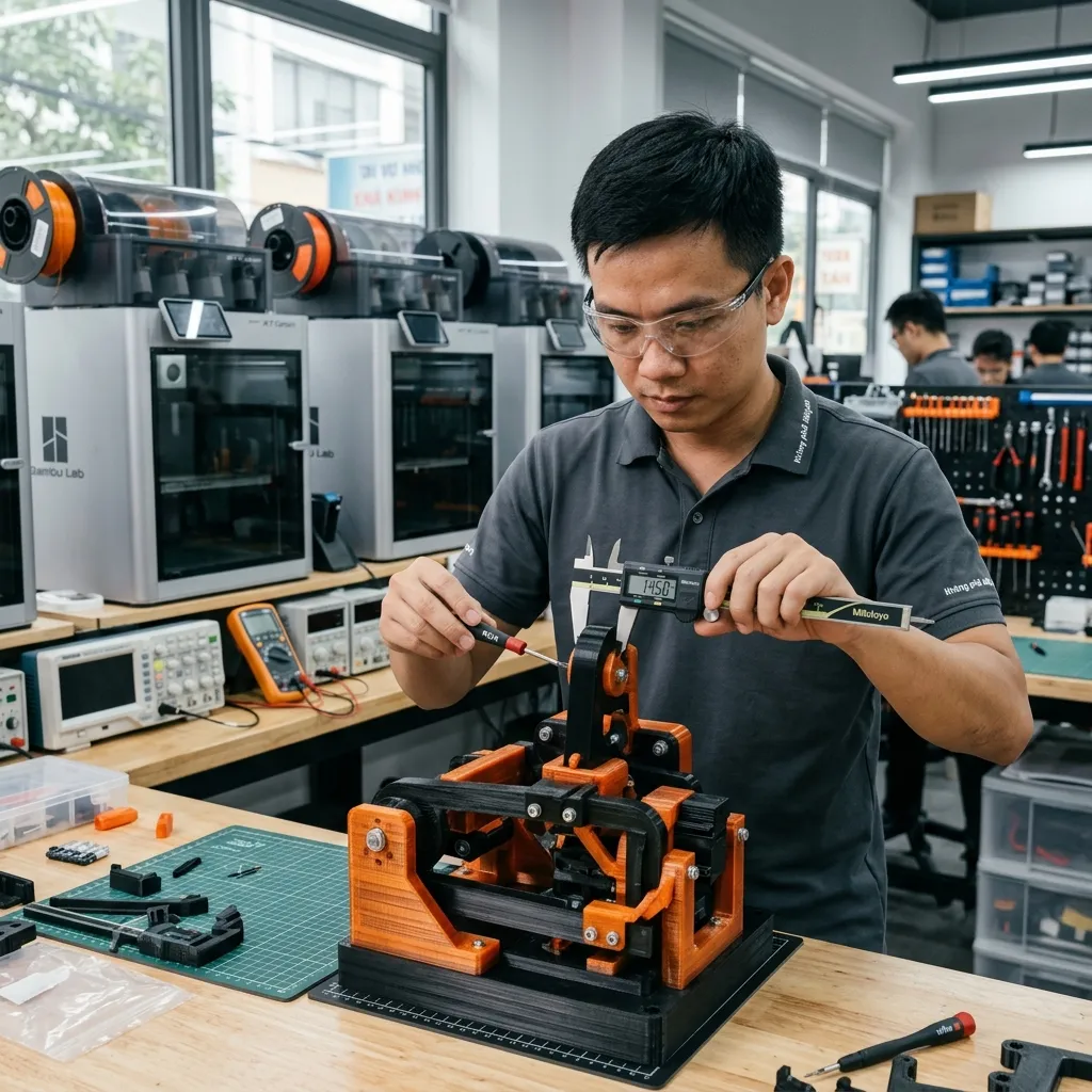 Kỹ sư cơ khí đang lắp ráp và căn chỉnh bộ đồ gá jig cơ khí in 3D bằng nhựa FDM tại xưởng gia công