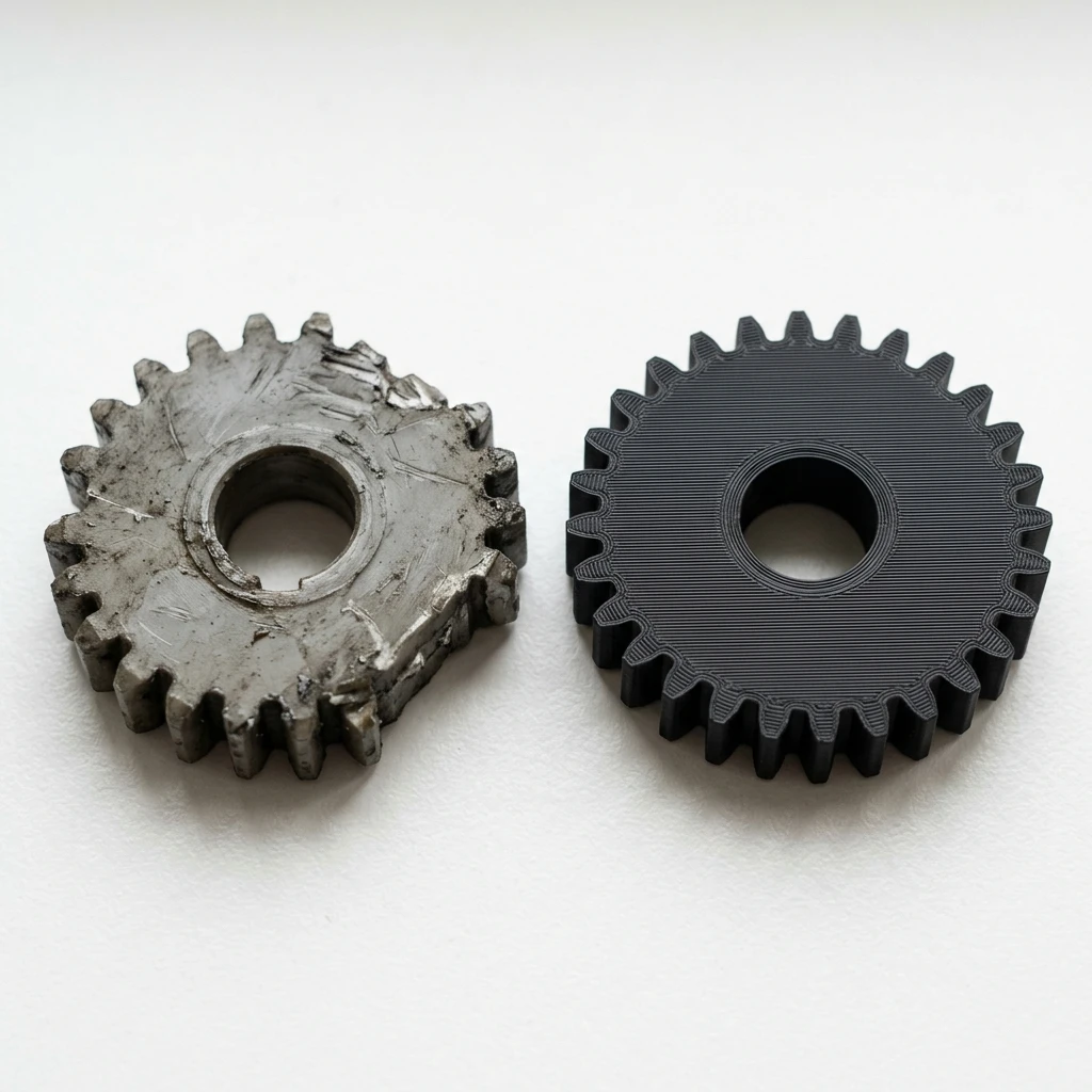 So sánh đối chiếu bánh răng OEM nhựa xám bị hỏng nứt vỡ và bánh răng in 3D Nylon đen mới thay thế