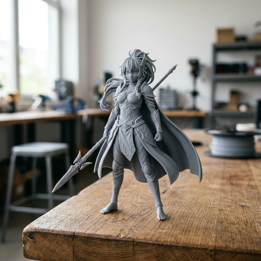 Mô hình tượng anime cao 150mm in bằng nhựa resin tiêu chuẩn màu xám, bề mặt láng mịn không thấy rõ vân lớp in