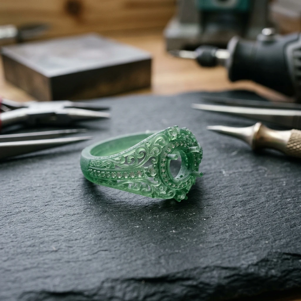 Khuôn đúc sáp một chiếc nhẫn trang sức tinh xảo in bằng nhựa resin castable màu xanh lá cây, sẵn sàng cho công đoạn đổ thạch cao nung chảy