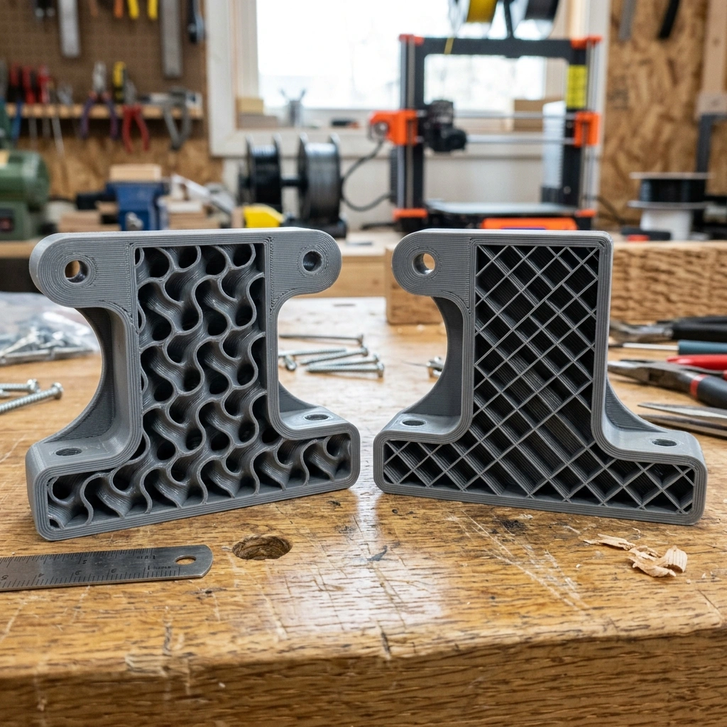 So sánh cấu trúc ruột in 3D Gyroid lượn sóng chịu lực đa chiều và cấu trúc Grid ô lưới truyền thống