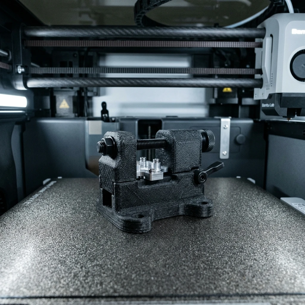 Sản phẩm gá kẹp jig in từ nhựa carbon fiber composite chịu lực cao trên bàn in máy Bambu Lab