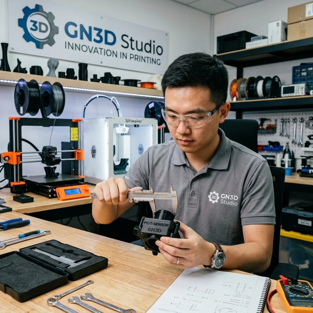 Kỹ sư dùng thước kẹp đo dung sai vỏ hộp cảm biến nhiệt động cơ in bằng nhựa PC đen tại GN3D Studio