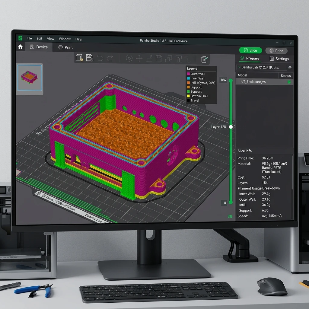 Giao diện phần mềm cắt lớp Bambu Studio đang lập đường chạy dao cho mô hình vỏ hộp IoT, hiển thị rõ bảng phân tích khối lượng nhựa sử dụng và thời gian in ước tính