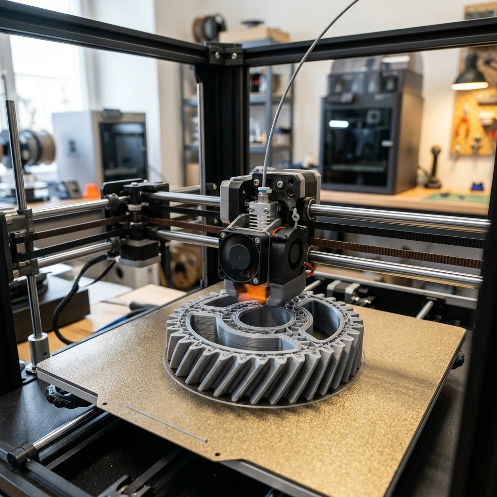 Máy in 3D Bambu Lab P1S đang in một chi tiết cơ khí phức tạp bằng nhựa PETG màu xám tại xưởng gia công