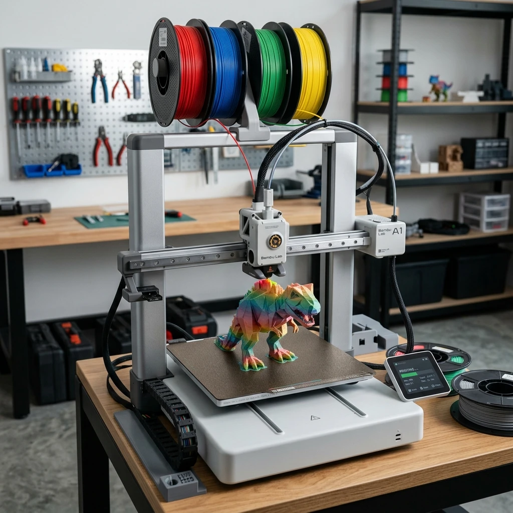 Máy in 3D Bambu Lab A1 đang vận hành in mô hình bằng nhựa PLA nhiều màu tại xưởng gia công