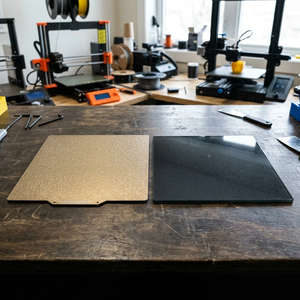 So sánh bàn in PEI và bàn kính cường lực trên máy in 3D Bambu Lab, phong cách ảnh chụp thực tế tại xưởng in chuyên nghiệp GN3D