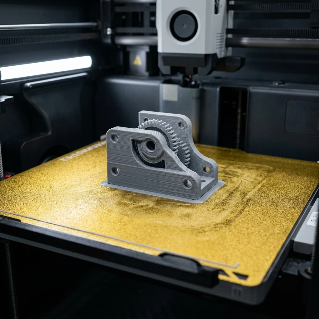 Bề mặt bàn in PEI nhám thép lò xo có vân bám nhựa PLA hoàn hảo trên máy in Bambu Lab P1S, hiển thị rõ layer lines tự nhiên