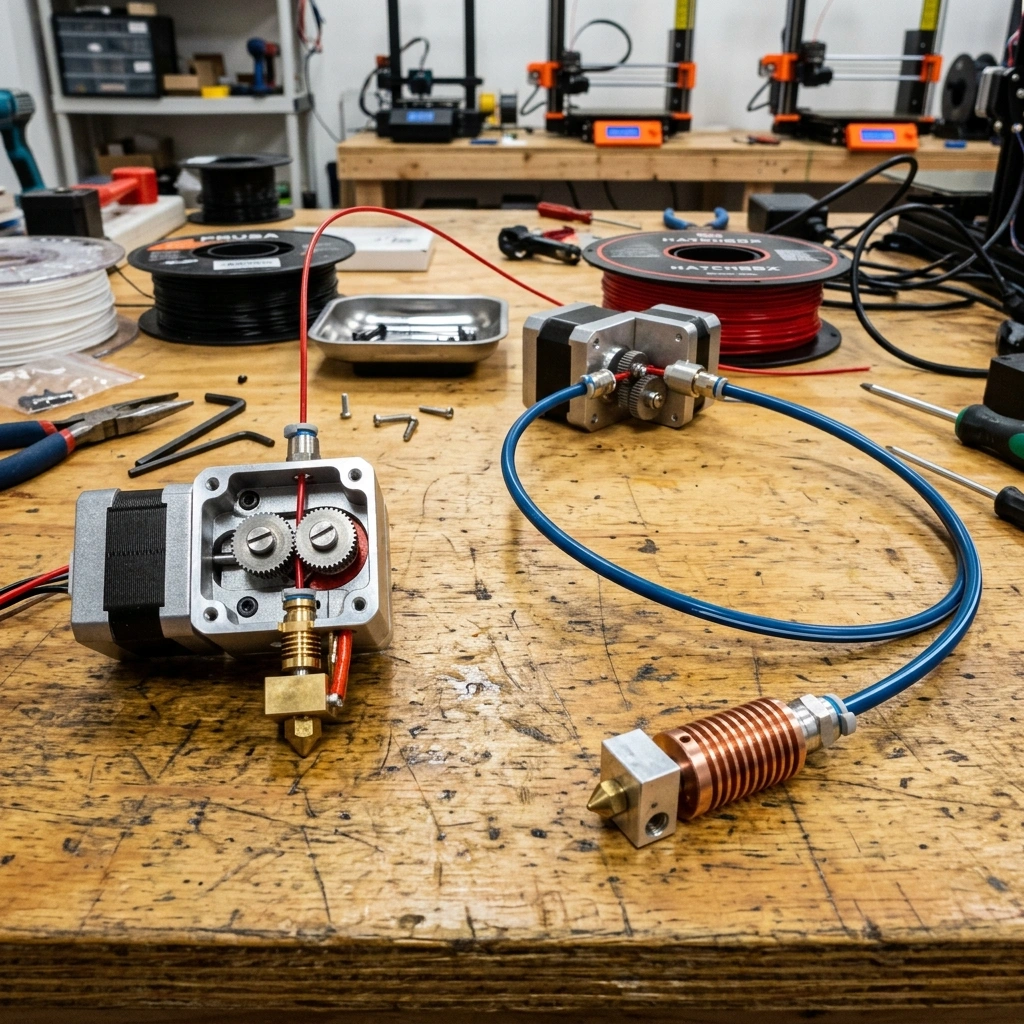 Sơ đồ mô tả chi tiết đường đi của sợi nhựa filament trong bộ đùn Direct Drive và hệ thống Bowden, thể hiện rõ khoảng cách từ bánh răng truyền động đến vòi phun hotend
