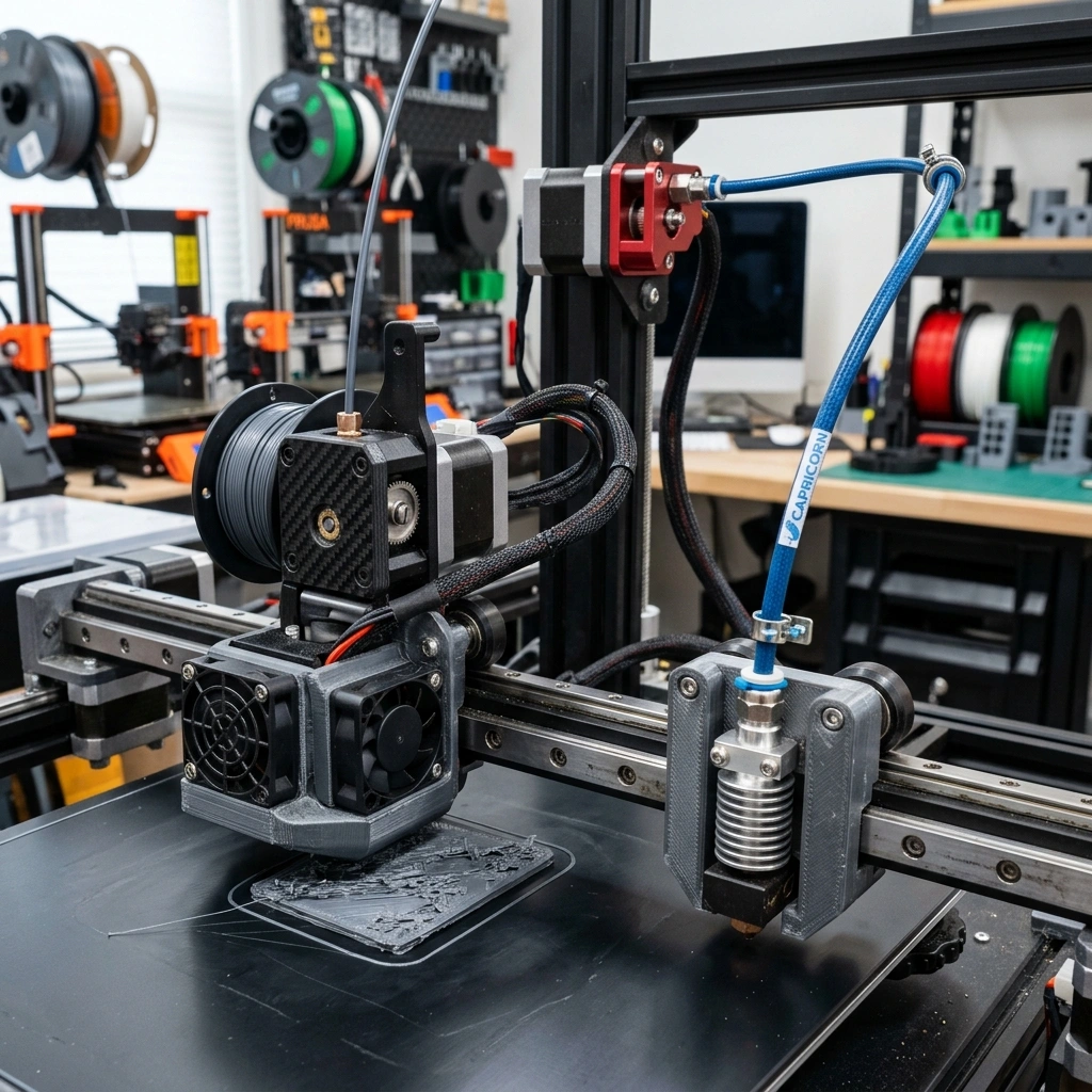 Ảnh chụp cận cảnh hai đầu phun máy in 3D so sánh trực quan giữa hệ thống đùn trực tiếp Direct Drive nhỏ gọn và đầu phun Bowden kết nối qua ống dẫn PTFE màu xanh Capricorn, ánh sáng studio làm nổi bật chi tiết cơ khí
