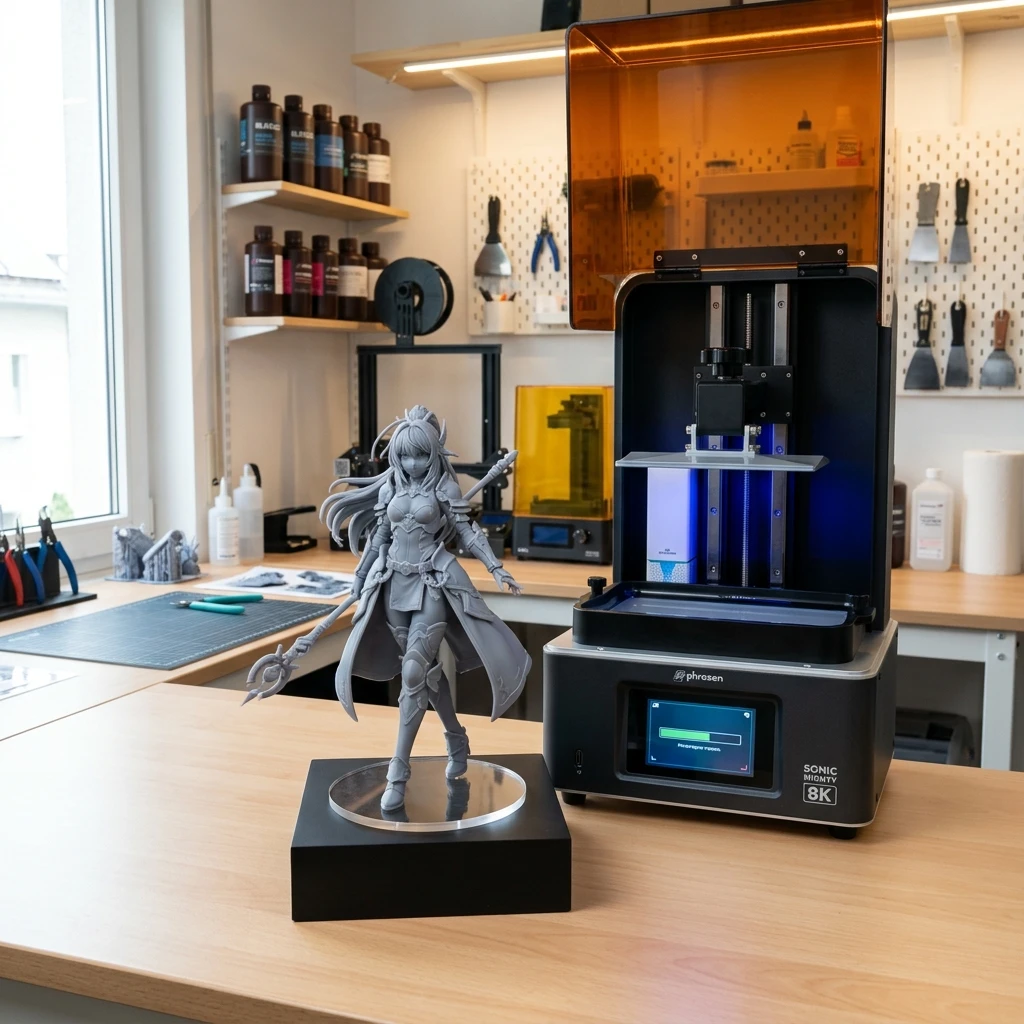 Ảnh chụp cận cảnh các bức tượng anime in 3D bằng resin mịn màng đặt bên cạnh máy in LCD chuyên nghiệp, phong cách thực tế, ánh sáng studio