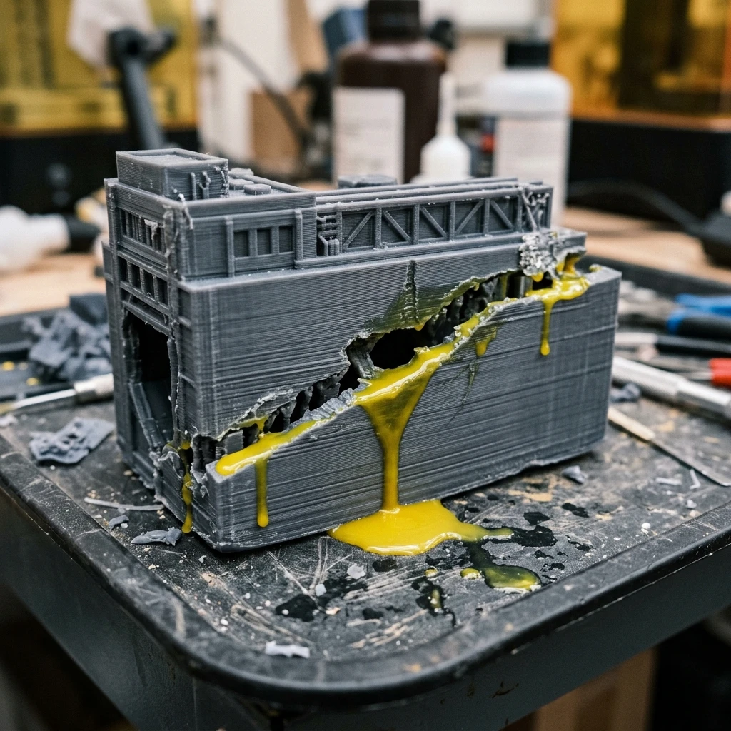 Mô hình in 3D resin rỗng ruột bị nứt hông và rò rỉ nhựa lỏng