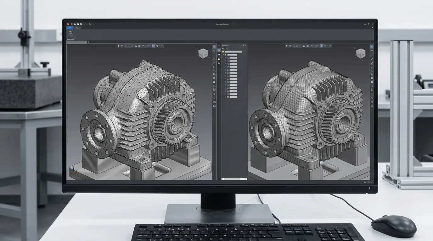 So sánh file mesh 3D thu được từ máy quét laser cầm tay thô ráp hơn bên cạnh file mesh siêu mịn từ máy quét ánh sáng cấu trúc trên phần mềm Geomagic Design X tại phòng lab kỹ thuật