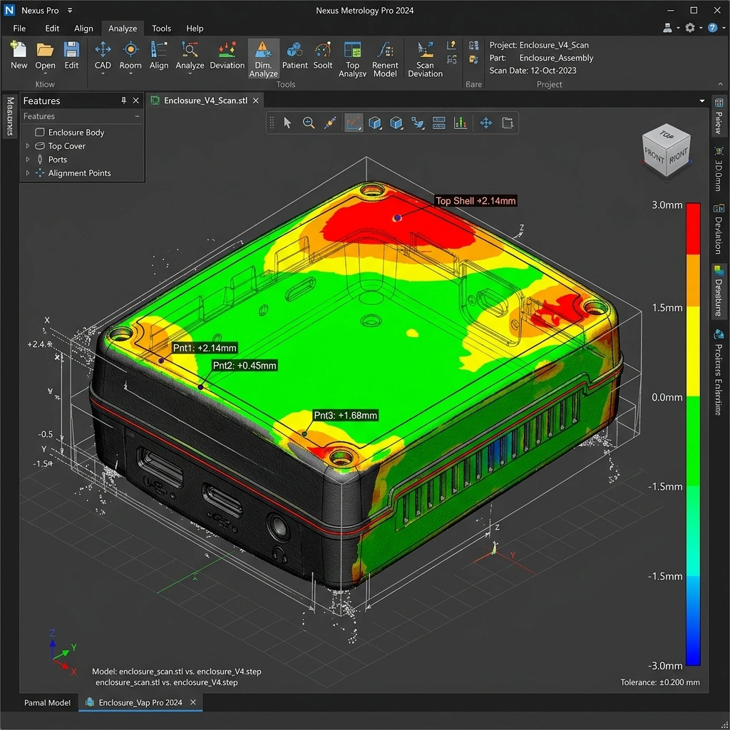 Bản đồ phân tích sai lệch kích thước màu Deviation Map trên phần mềm thiết kế ngược CAD cho hộp vỏ nhựa bảo vệ mạch điện tử, hiển thị sai số từ 1mm đến 3mm