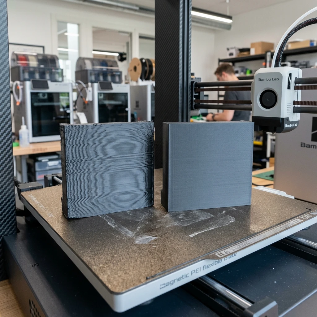 So sánh bề mặt in 3D có và không có Input Shaping thể hiện rõ sự khác biệt giữa lỗi ghosting sần sùi và bề mặt láng mịn phẳng phiu