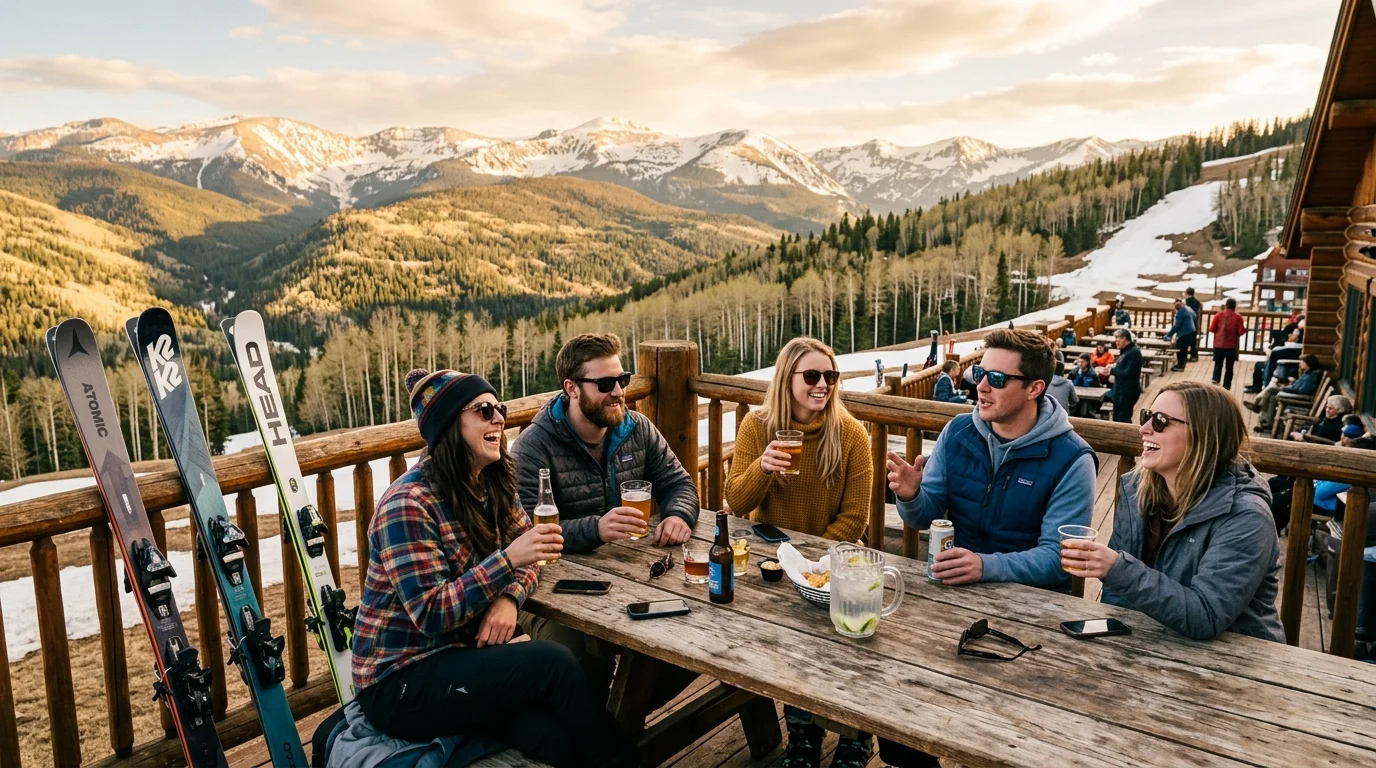 Friends lounging on a sunny ski lodge deck during spring skiing season in Park City