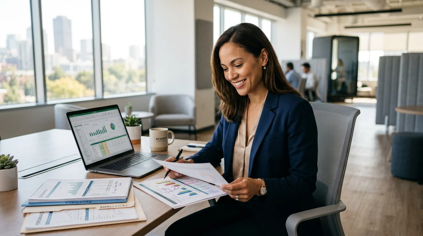 Professional businesswoman reviewing small business bookkeeping documents at her desk