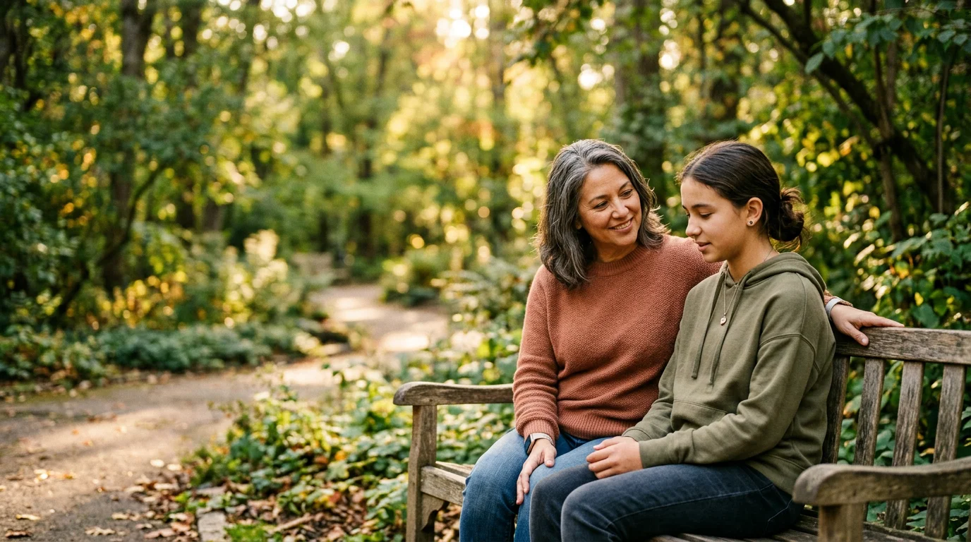 Parent and teenager having a heartfelt conversation outdoors about programs for troubled teens
