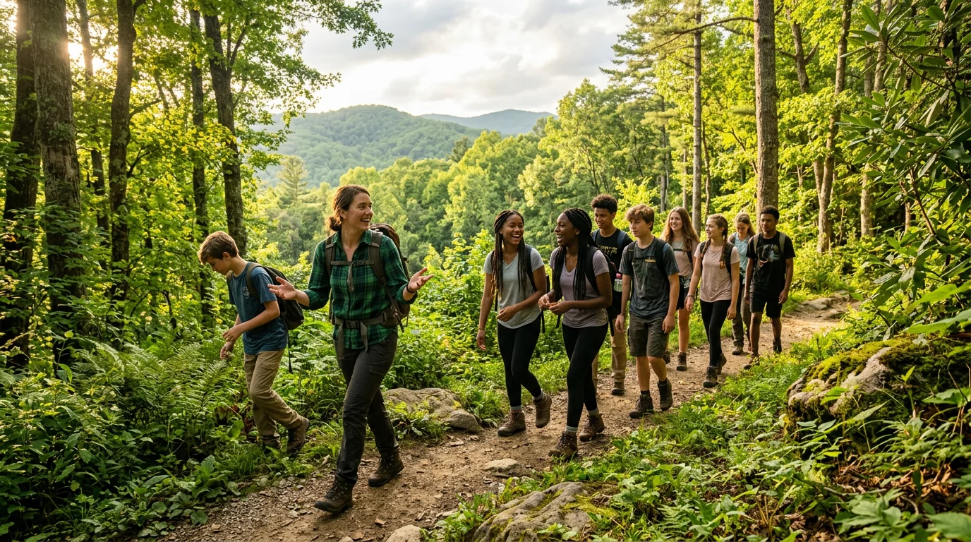 Teenagers hiking through a North Carolina forest trail with a mentor during an outdoor therapeutic mentoring session