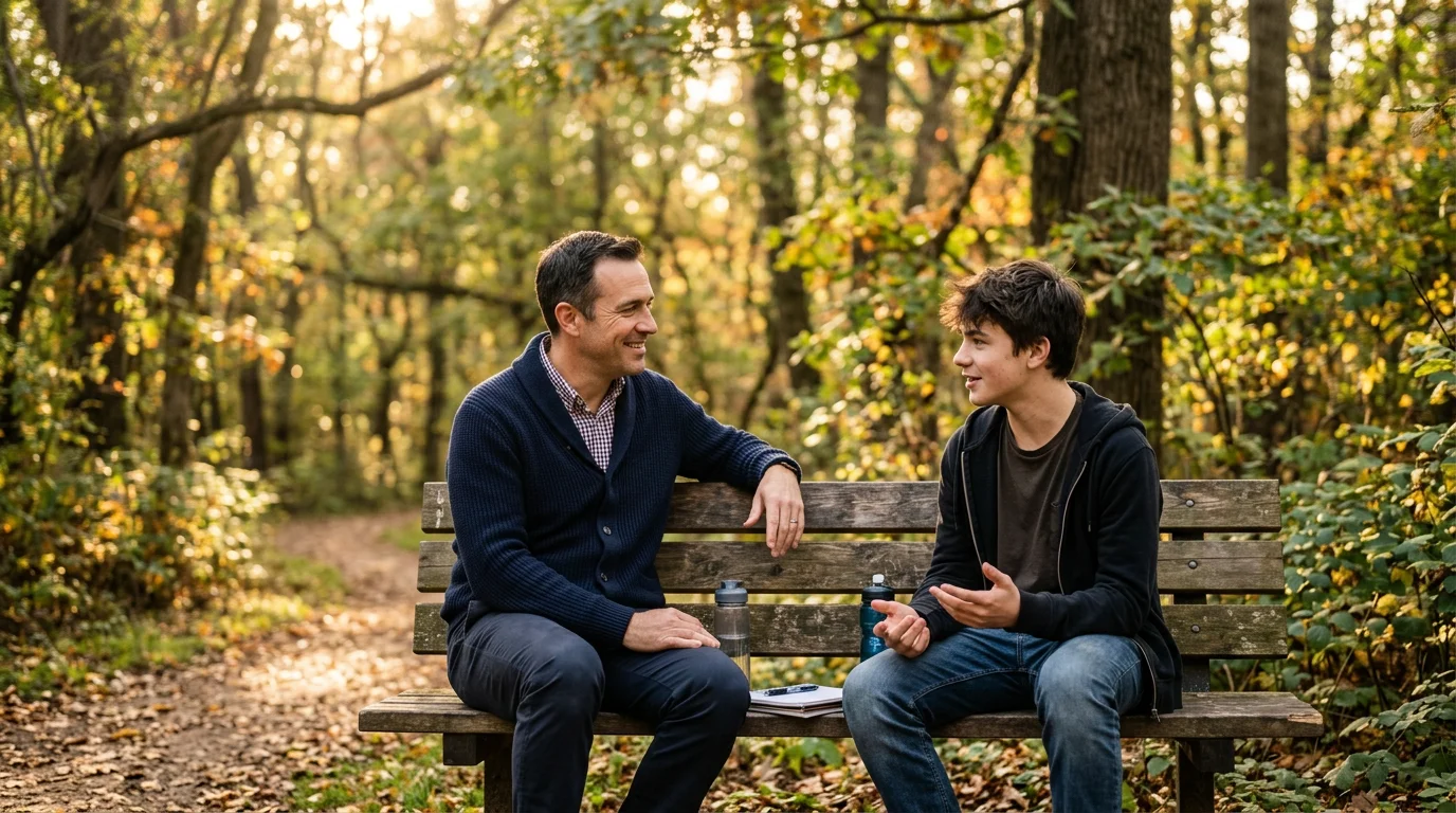 Therapeutic mentoring for teens – a caring mentor and adolescent having a supportive conversation outdoors