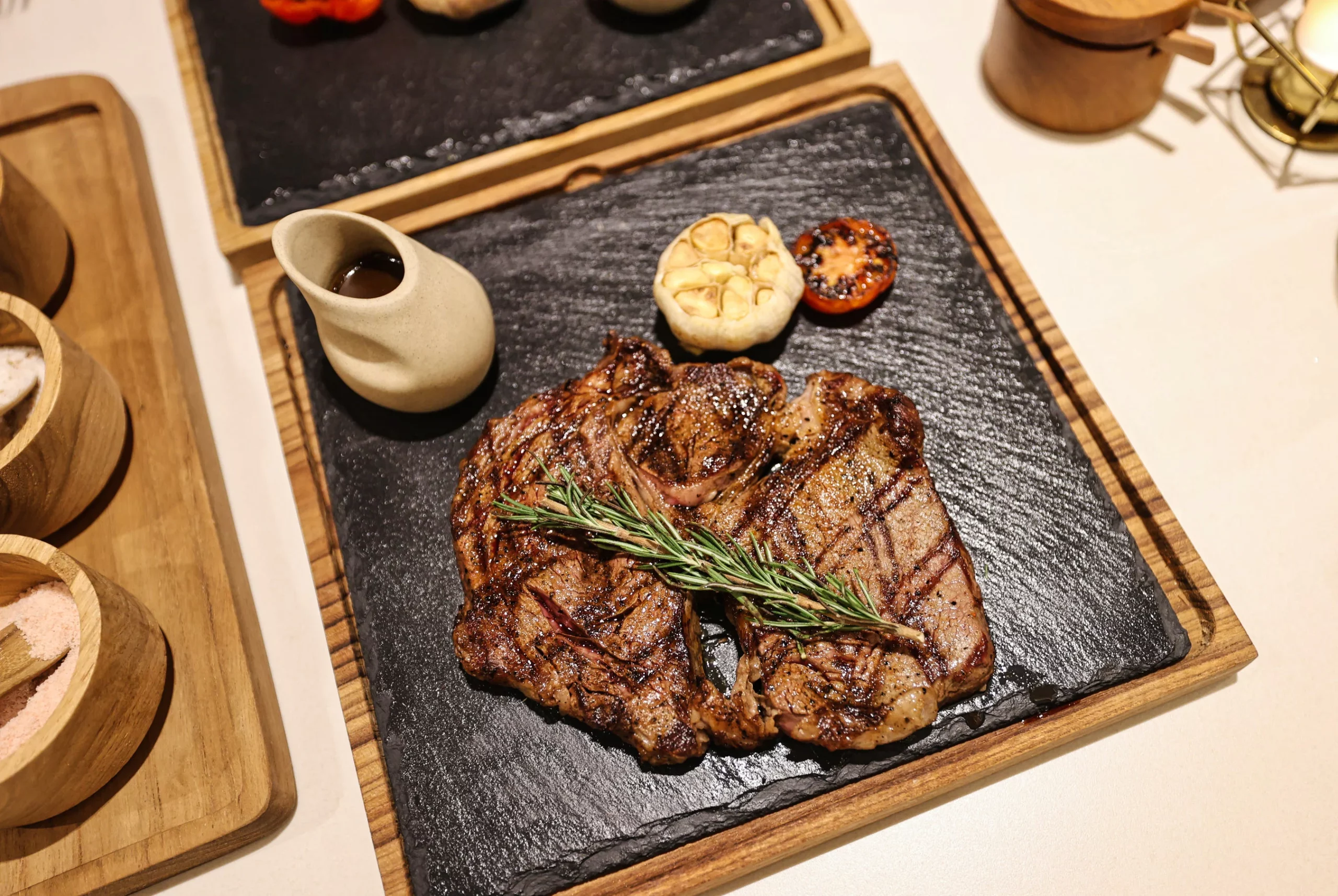 Australian wagyu ribeye steak with roasted garlic