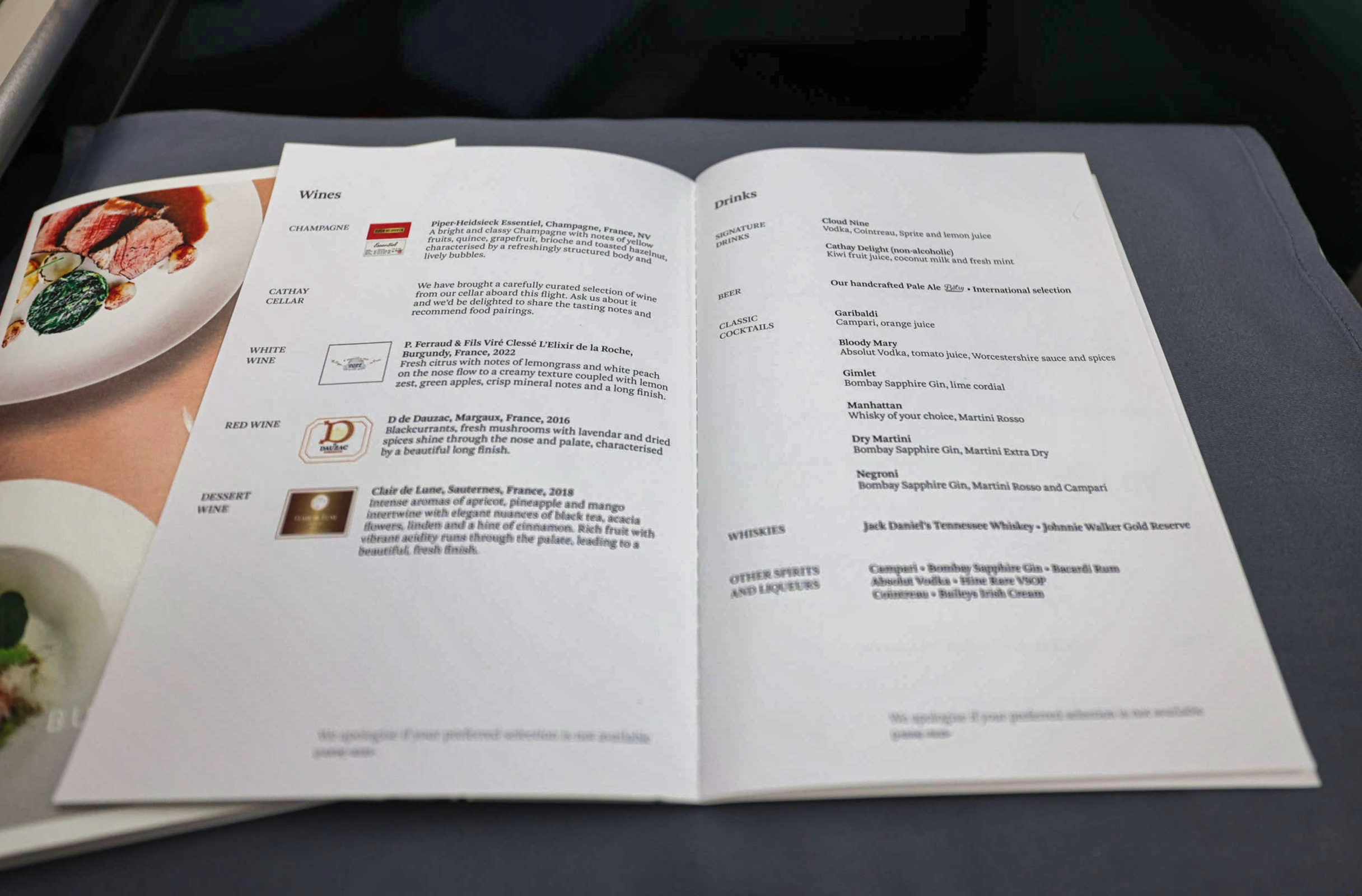 In-flight meal menu for business class