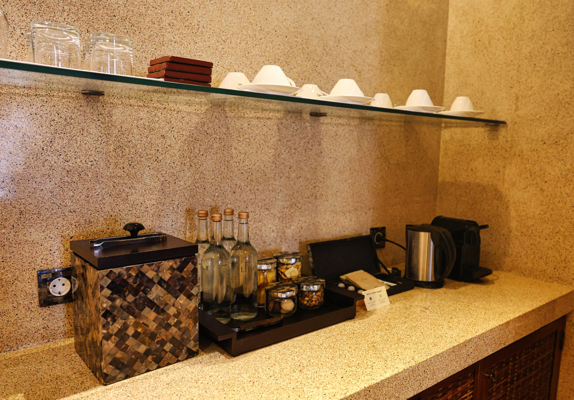 In-room minibar station with coffee machine