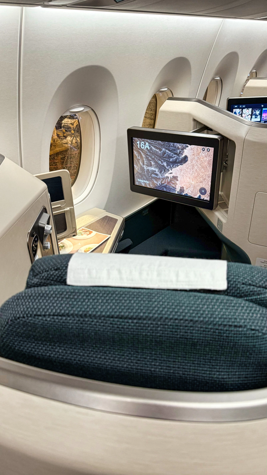 Interior view of a modern aircraft cabin