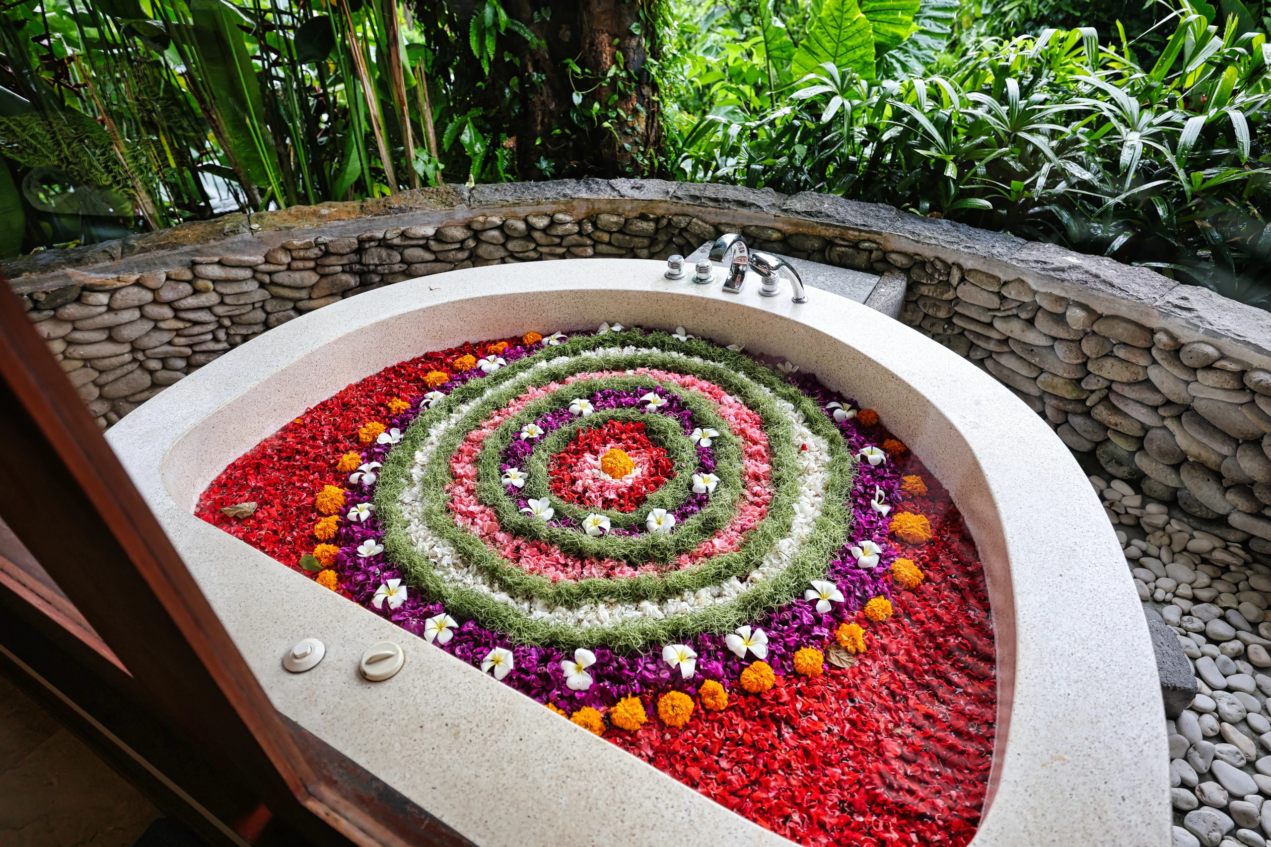 Flower bath setup at Champaka Spa