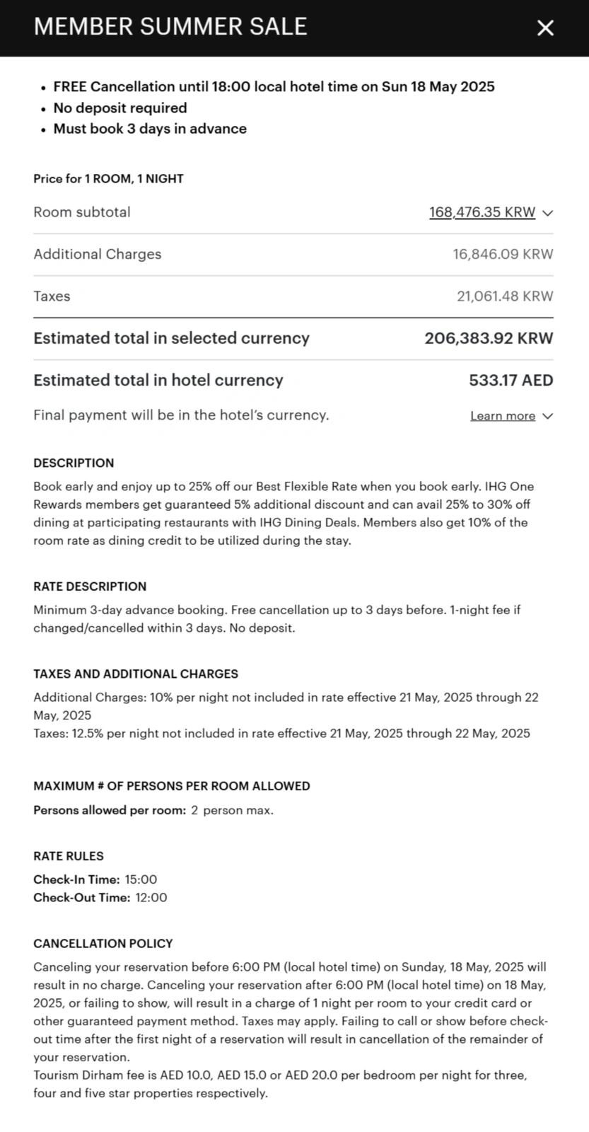 Detailed breakdown of IHG sale booking conditions