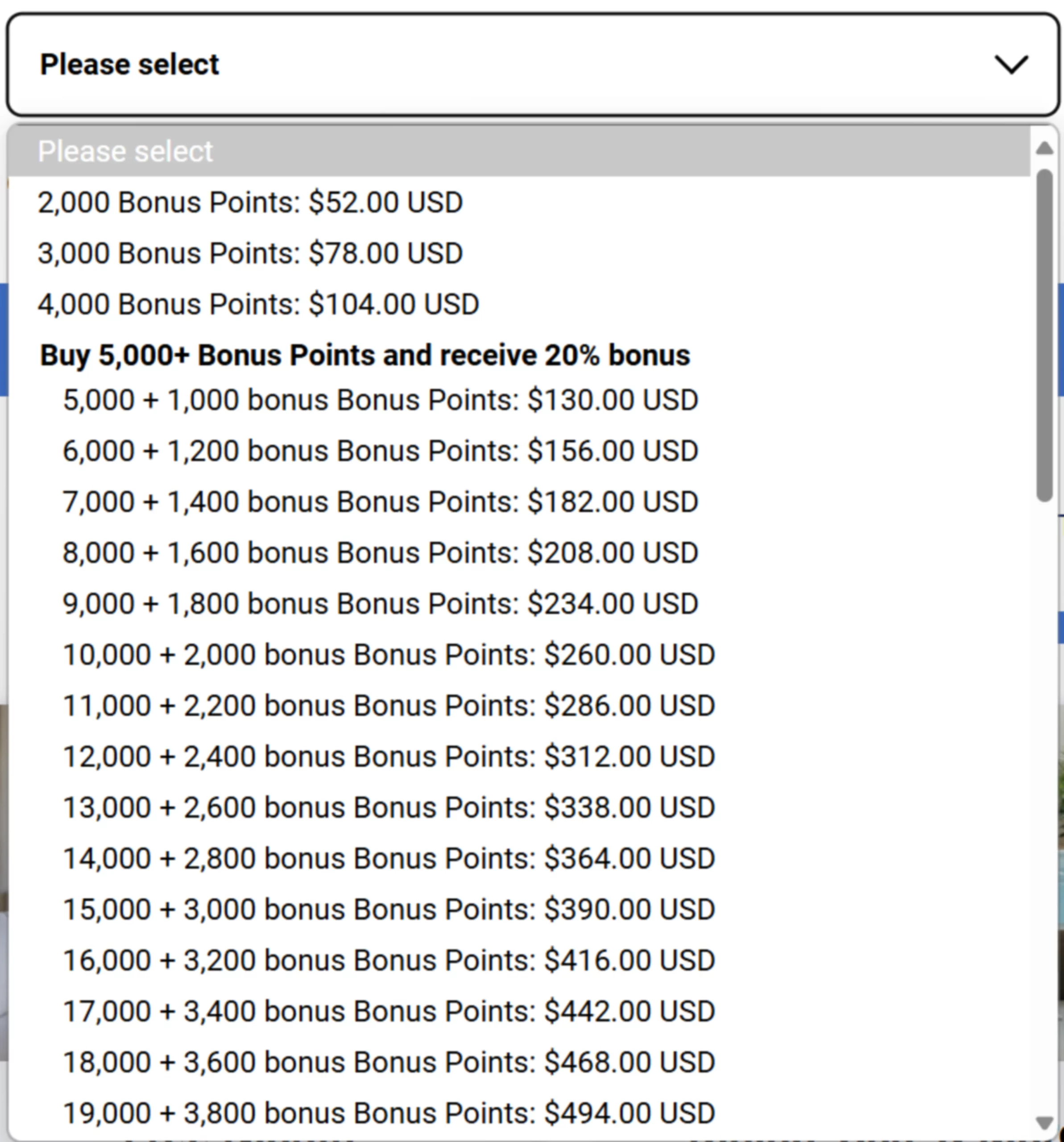 Point packages and pricing details